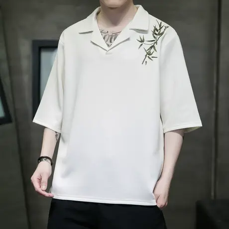 新中式唐装男款中国风男装古巴领短袖衬衫大码高级感刺绣衬衣半袖商品大图