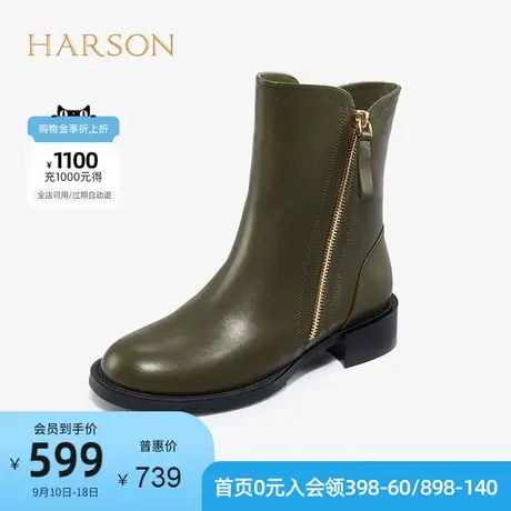 哈森女鞋冬季女短靴加绒圆头中跟侧拉链休闲百搭靴子 HA16626商品大图