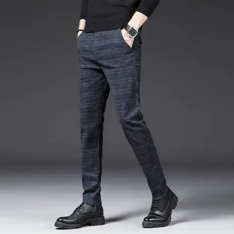 黑色格子休闲裤男修身秋季新款韩版商务工装裤男士免烫直筒西装裤商品大图