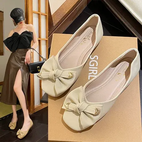 方头玛丽珍女鞋四季新款百搭一脚蹬懒人豆豆鞋小香风晚晚平底鞋单商品大图