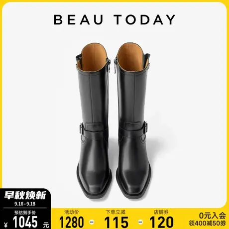 BeauToday复古长筒靴女2023新款英伦骑士靴BT时装靴高筒靴高跟靴商品大图