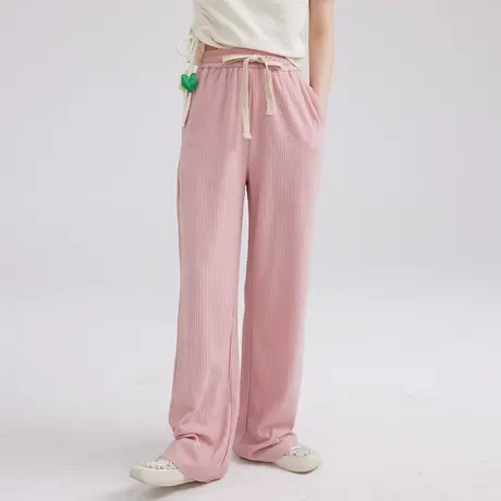 粉色休闲裤小个子裤子女夏季薄款设计感拖地宽松高腰阔腿裤长裤商品大图