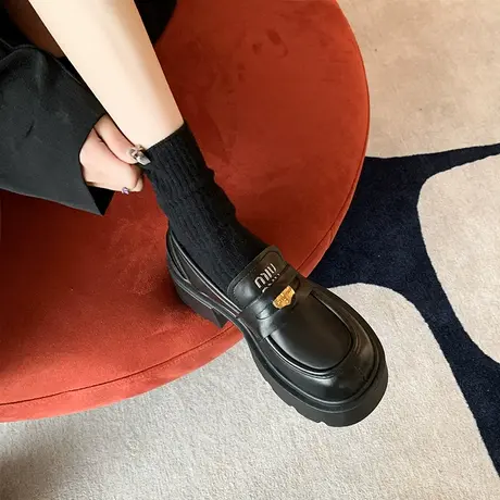 厚底增高乐福鞋女2024新款春季高级感真皮单鞋英伦风高跟复古皮鞋图片