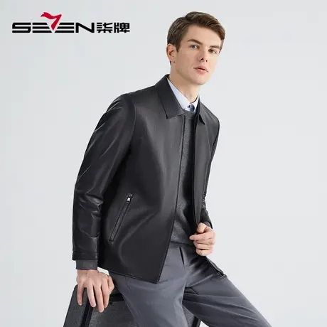【绵羊皮】柒牌皮夹克外套男2022秋冬季时尚休闲黑色防风翻领皮衣图片