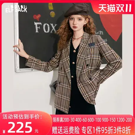 妖精的口袋复古格纹西装外套女2023秋季新款学院风长款休闲西装潮图片