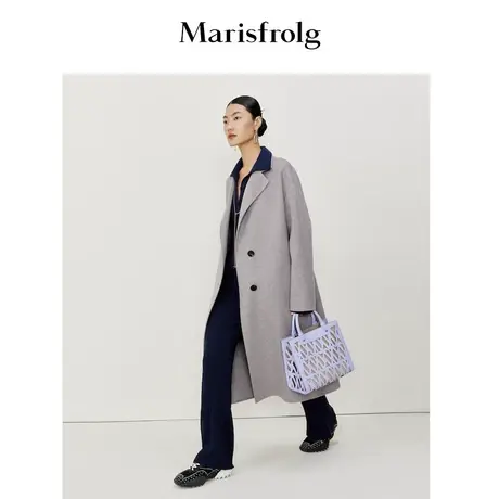 【美利奴羊毛】玛丝菲尔春季新款灰色双面呢毛呢外套大衣长款商品大图