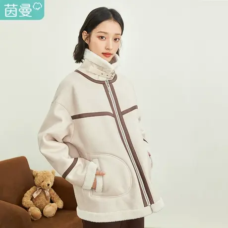 茵曼撞色女2022冬季新款可立领百搭休闲宽松毛绒夹克羊羔毛短外套商品大图