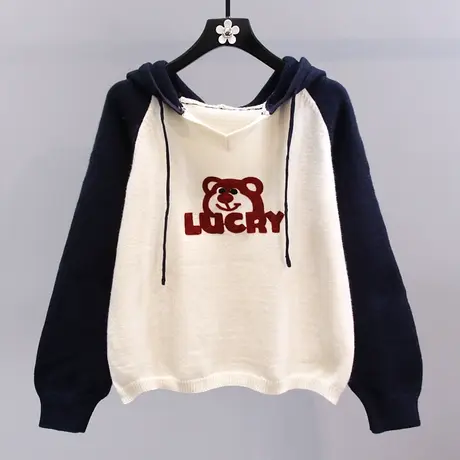 卡通拼色连帽毛衣女秋冬2023新款宽松学院风休闲百搭针织衫上衣商品大图