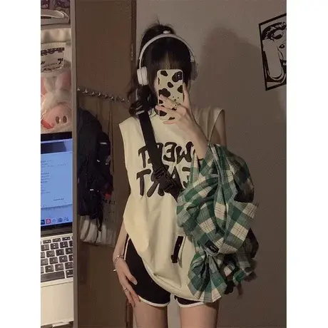 吊带背心女夏季外穿宽松运动风ins中长款甜辣妹坎肩无袖t恤上衣潮图片