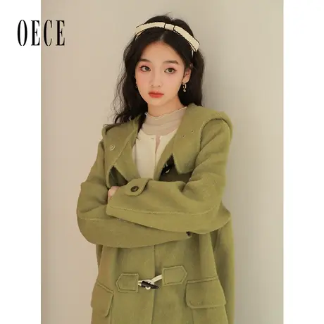 Oece高级感双面羊毛呢大衣2022冬季新款减龄牛角扣连帽中长呢外套图片