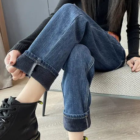 蓝色牛仔裤女2023年秋冬新款高腰宽松加绒加厚九分哈伦老爹裤子潮图片