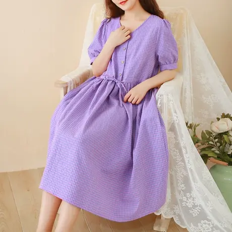 胖妹妹夏装纯棉简约纹格连衣裙 加大码2023新款V领长裙2色可选商品大图