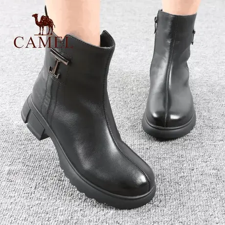 Camel/骆驼女鞋冬季款加绒舒适休闲真牛皮中筒粗跟侧拉链妈妈靴子图片