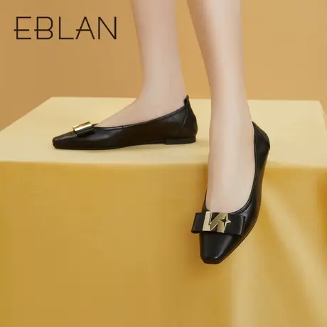 伊伴2023春季女鞋时尚平底鞋尖头浅口单鞋金属饰扣一脚蹬通勤皮鞋商品大图
