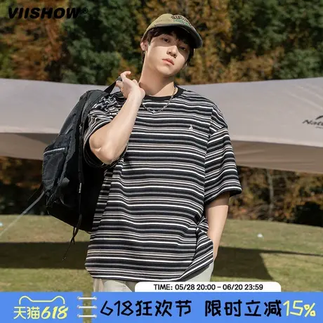 VIISHOW复古撞色条纹短袖T恤男夏季情侣休闲宽松美式复古半袖男商品大图