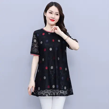 夏季女士短袖蕾丝衫2023夏季新款中长款遮肚洋气妈妈装时尚打底衫商品大图