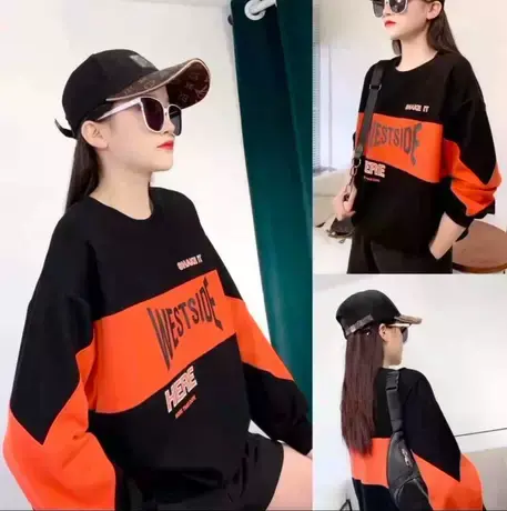 绿色字母拼接套头卫衣女2023年春季新款宽松爆款拼色上衣oversize商品大图