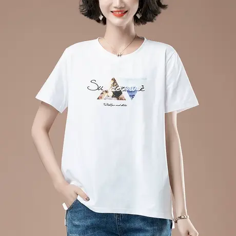 短袖t恤女夏季新款加肥加大码女装宽松纯棉百搭印花白色半袖体恤商品大图