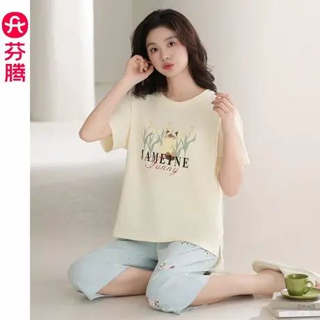 芬腾纯棉睡衣女款夏季短袖短裤薄款2025年新款卡通可爱家居服套装商品大图