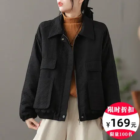 dza 复古纯色宽松翻领棉衣外套女士冬季菱格棉袄休闲保暖棉服外穿商品大图