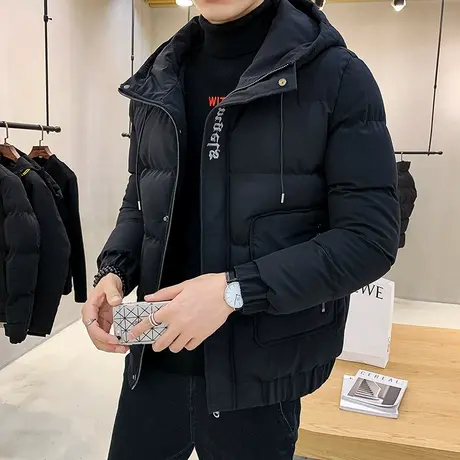 羽绒棉服男韩版潮流帅气连帽棉衣黑色加绒大衣男士冬季加厚面包服图片