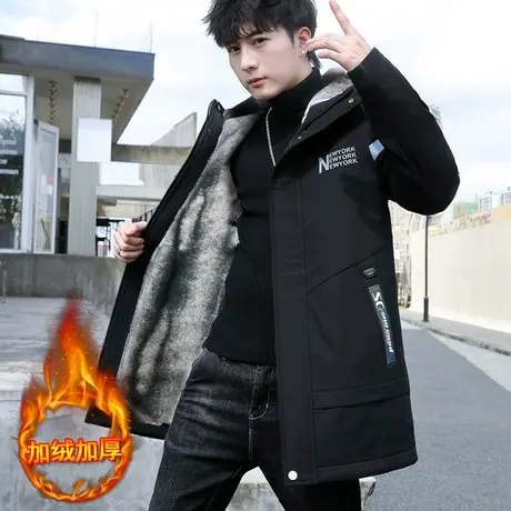 中长款外套男冬季加绒加厚青少年连帽潮流加棉潮牌风衣夹克棉衣潮图片