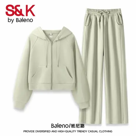 班尼路牛奶丝灰绿插肩袖短款连帽开衫女拼接休闲直筒裤两件套女Q商品大图