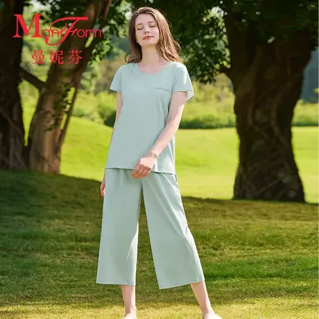 曼妮芬圆领阔腿7分裤纯棉家居服女士舒适睡衣睡裤套装20310881商品大图