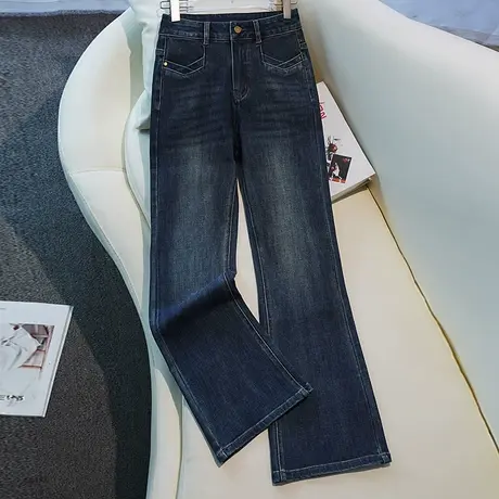 拉夏贝尔深蓝色微喇牛仔裤秋2025新款高腰修身显瘦弹力马蹄喇叭裤图片