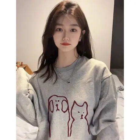 卡通动漫印花圆领长袖卫衣女春秋装宽松显瘦学生薄款套头上衣服潮商品大图