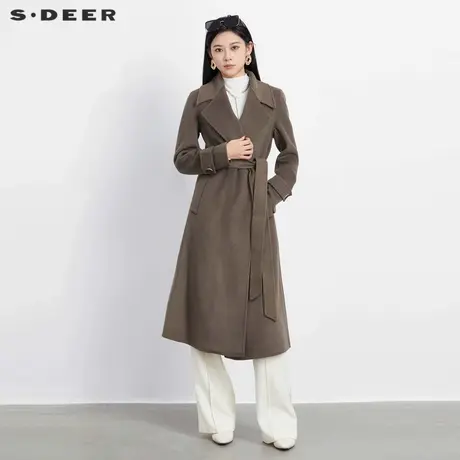 sdeer圣迪奥女装时尚翻领收腰直筒长款毛呢大衣S23482507商品大图