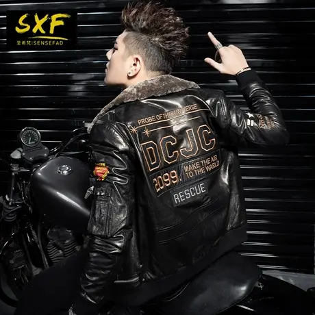 SXF圣希梵皮衣男真皮 绵羊皮外套羊羔毛领刺绣潮牌加棉男士皮夹克商品大图