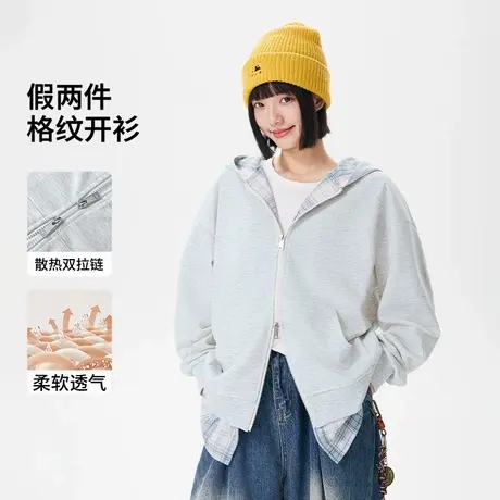 雅鹿连帽开衫假两件卫衣男女同款双拉链宽松休闲户外运动帽衫外套图片
