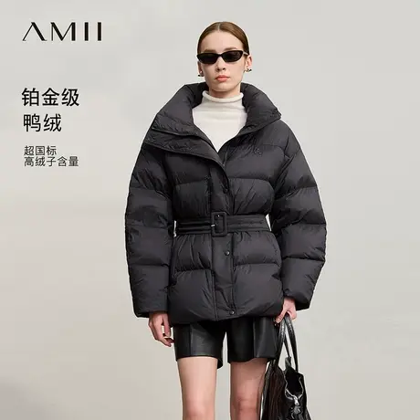 Amii2025冬新款宽松中长无弹拉链高领翻领配橡筋扣腰带羽绒服外套商品大图