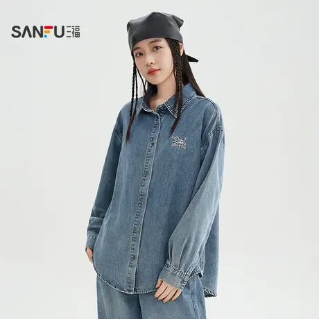 三福长衬衫2025冬季小狗英文刺绣翻领简约宽松上衣女装510582商品大图
