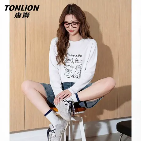 唐狮官方纯棉长袖t恤女2026新款春宽松百搭打底衫内搭白色上衣VC商品大图