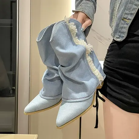 网红爆款短靴女2023新款秋冬小香风尖头粗跟裤管靴复古牛仔靴超火图片