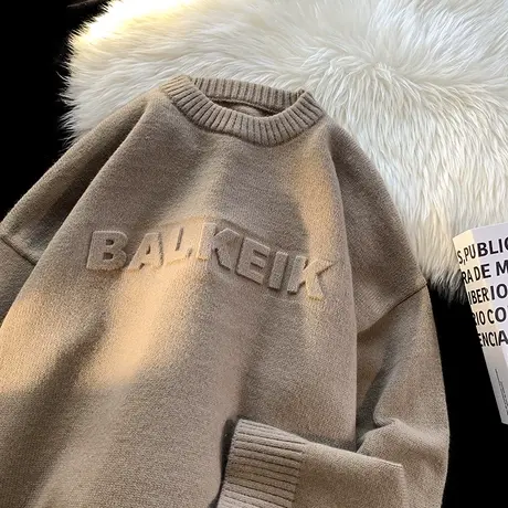 日系复古重磅毛衣男款秋冬季圆领高街字母钢印上衣内搭保暖针织衫商品大图