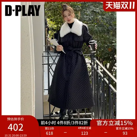DPLAY2023冬御寒王者经典黑拼白可拆毛领云朵加倍温暖棉服长外套商品大图