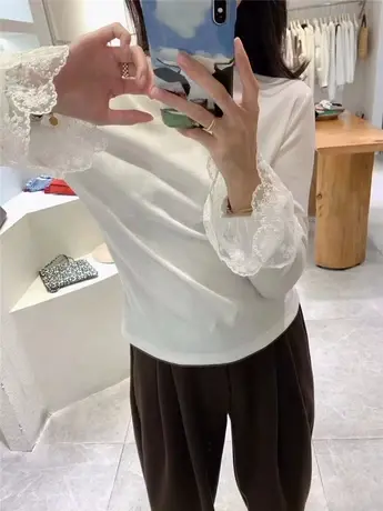 韩国东大门2023冬季 甜美风气质蕾丝花边拼接袖简约打底衫t恤上衣商品大图