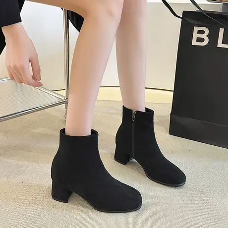 马丁靴女2023新款气质显瘦瘦短靴女秋冬季法式粗跟绒面中跟高跟鞋图片