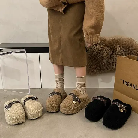 毛毛拖鞋女外穿厚底冬季加绒2023年新款百搭包头半托居家网红棉拖商品大图