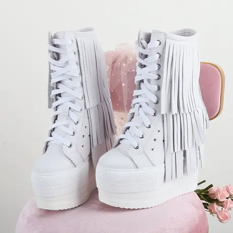 高跟短靴女内增高15公分防水台高帮流苏靴厚底休闲真皮恨天高单靴图片