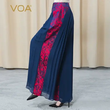 VOA重磅真丝色织大提花红色牡丹花纹拼接双层直筒休闲桑蚕丝长裤图片