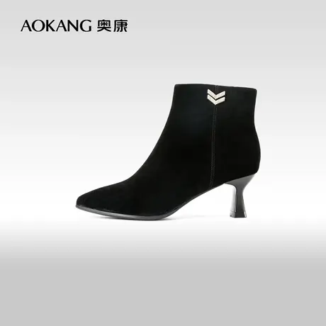 奥康女鞋 冬季新款绒面鞋面法式尖头细高跟时尚短靴时装靴子商品大图