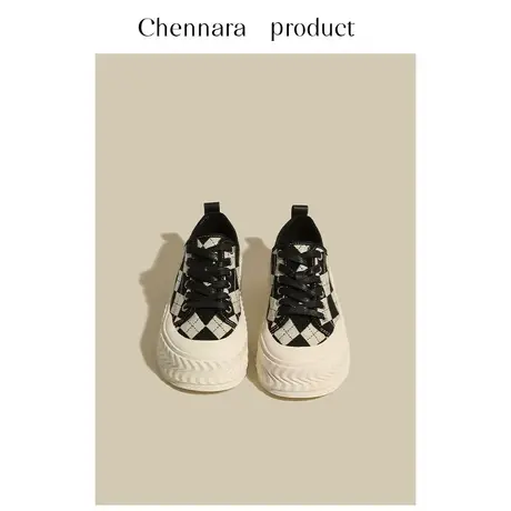 小众设计厚底帆布鞋女百搭2023年夏季新款韩版菱格饼干鞋休闲板鞋商品大图