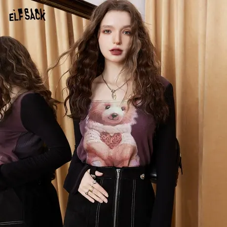 妖精的口袋方领印花长袖t恤女2023秋季新款修身显瘦美式甜心上衣商品大图