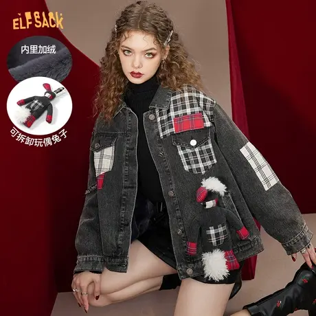 妖精的口袋可拆卸兔子玩偶牛仔棉服女2022冬季新款小个子短款棉衣图片