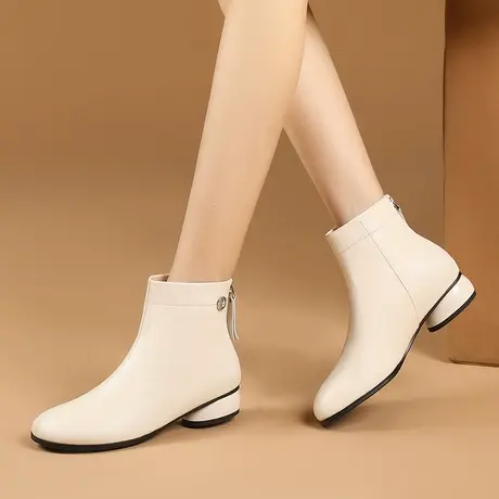 米白色短靴女2023年新款简约时尚粗跟秋冬靴子女后拉链真皮大码鞋商品大图