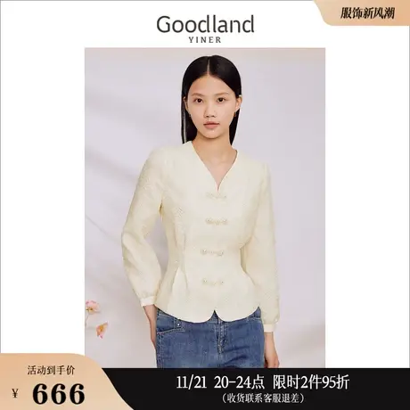【摩登中式】Goodland美地女装2023秋季复古盘扣衬衫收腰上衣商品大图